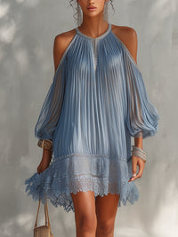 Abito Mini Blau Off-Shoulder Rüschenschnitt mit Spitzenrand