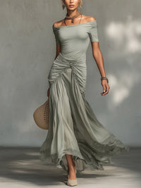 Maxikleid aus Stretchstoff in Grau und Chiffon