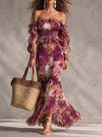 Maxi-Kleid aus Chiffon in Rosa mit Blumenmuster, Off-Shoulder