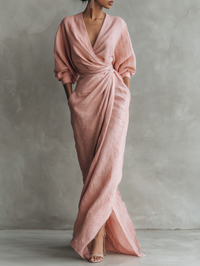 Maxi Minimalistisches Kleid in Rosa mit V-Ausschnitt aus Leinenmischung für Damen