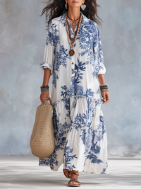 Bohemian Blau Blumiges Knopf-Down Maxi-Kleid