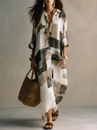 Boho-Abstract-Druck Knopf-Front Relaxed Fit Maxi-Kleid