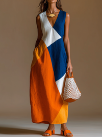 Damen Lässiges Urlaubs-Style Lockere Passform Ärmelloses V-Ausschnitt Mehrfarbig Patchwork Baumwoll-Leinen Maxikleid