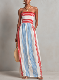 Rot & Blau Gestreiftes Rüschentop Maxikleid
