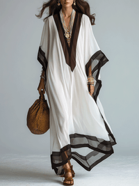 Elegantes Resort Chiffon Kaftan Maxikleid mit Kontrastbesatz und V-Ausschnitt in Weiß