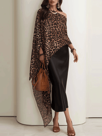 Glam Boho Leopard Chiffon Cape Top & Schwarzer Satin Maxi Rock Set