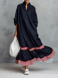 Damen Minimalistisches Leinen-Mischgewebe Langarm-Maxi-Kleid Mit Gestreiftem Saum-Panel MDZ0967G8WY