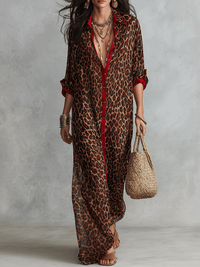 Chic Sheer Leopard Deep-V Maxikleid mit Gürtel - Müheloser Glamour in Braun