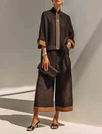 Damen Dunkelbraunes Leinenstoff Stehkragen Reißverschluss Crop Top & Weite Hosen Set