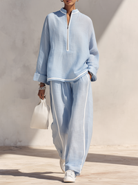 Damen Leichtblaue Leinenstoff Stehkragen Halb-Reißverschluss Oversized Top & Weite Hose