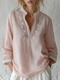 Zarte Blush Spitzenbesatz Leinenbluse