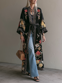 Boho Luxe Gürtelter Samt Floral Duster Cardigan