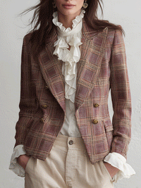 Mühelos schicker strukturierter Tweed Blazer mit spitzem Revers in Braun & Pink Karomuster