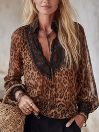 Boho Luxe Leopard Spitze Chiffon Bluse Top