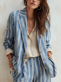 Bohemian Himmelblau Gestreifter Anzugjacke