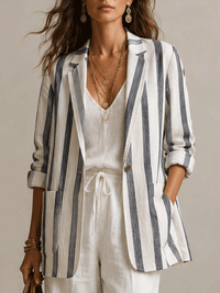 Müheloser Oversized Blazer aus Leinenmischung in Elfenbein mit Nadelstreifen