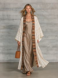 Boho-gedruckter Kimono-Cardigan mit Satin-Rutschmaxikleid-Set