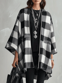 Damen Buffalo Check Poncho Cape Offenes Vorderteil Übergroßer Wickelmantel