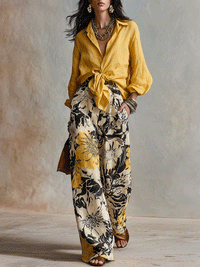 Blumenmuster Weite-Hosen mit Bindeband-Leinenhemd-Set