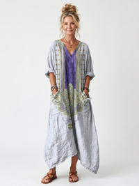 Raina | Kontrast-Panel Besticktes Oversized Midi-Kleid mit Taschen