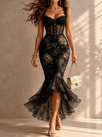 Romantisches schwarzes Midi-Mermaid-Kleid mit Spitze