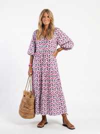 Mireya | Geometrisches Druck Langarm Tiered Midi Kleid