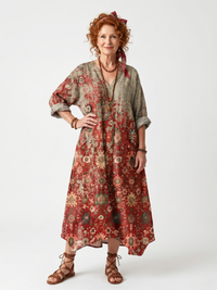 Safran | Gemustertes, lockeres Midi-Kleid mit Taschen