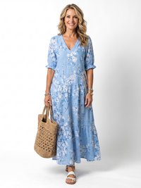 Alora | Blumenmuster Midi-Kleid mit Quastenbindebändern