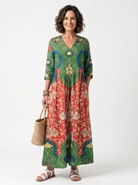 Sloane | Gemustertes V-Ausschnitt Midi-Kleid mit Taschen
