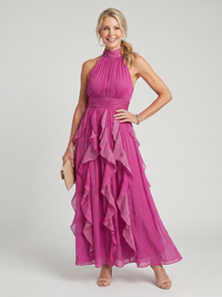 Orea | Maxikleid mit hohem Hals, gerafften Rüschenschichten