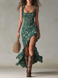 Zara - Maxikleid im boho-retro Stil mit Rüschensäumen und hohem Schlitz