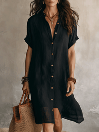 Modern Boho Müheloses Schwarzes Leinen Entspanntes Midi-Kleid
