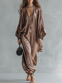 Champagner Satin Übergroßer Kaftan Jumpsuit Mit Fledermausärmeln