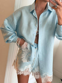 Spitzenbesetztes Resort-Shirt & Shorts-Set