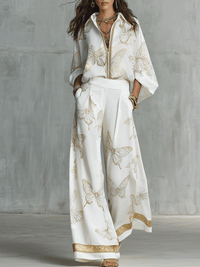 Bohemian Luxe Schmetterling Jacquard Bluse & Weite Hose Set