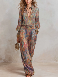 Exquisites Paisley-Muster weit geschnittenes Hosenanzug