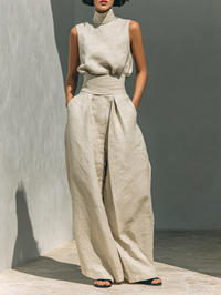 Maria - Minimalistisches Set aus Top und weiten Hosen aus Baumwolle und Leinen für Damen