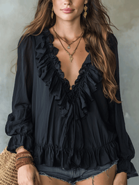 Romantische Bohemian Rüschensaum V-Ausschnitt Leichte Schwarze Bluse