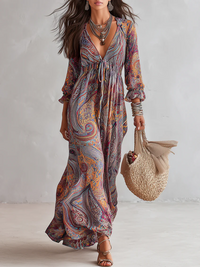 Vintage Paisley Druck V-Ausschnitt Kleid Mit Bindegürtel