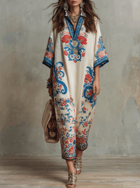 Bohemian Floral Paisley Kaftan Midi Kleid in Elfenbein Blau