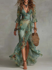 Aurora - langes Blumenboho-Kleid mit romantischem asymmetrischem Saum