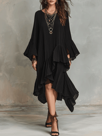 Elegantes Asymmetrisches Rüschenschwarz Boho Midi Kleid