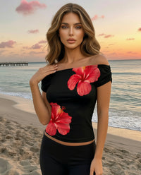 Schwarzes Hibiskus-Print Off-Shoulder Kurzarm T-Shirt