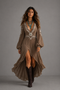Violaine | Asymmetrisches Besticktes Maxikleid, Boho-Chic Stil