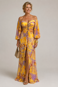 Marielle | Lange Blumenrobe, Tiefer Ausschnitt