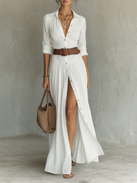 Maxi-Langkleid mit Reverskragen und langen Ärmeln aus Leinen für Damen