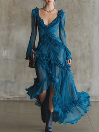 Abito Chiffon Ruffle V-Neck Ozeanblau Bohemian