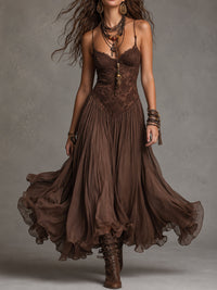 Maxikleid aus Chiffon mit dunkelbraunen Spitzenpaneelen