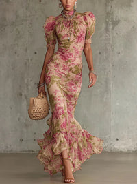 Fiora - Langes Kleid mit Vintage-Rosenmuster und Puffärmeln