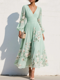 Maxi-Plisseekleid aus Chiffon in Mintgrün mit Blumenmuster für Damen